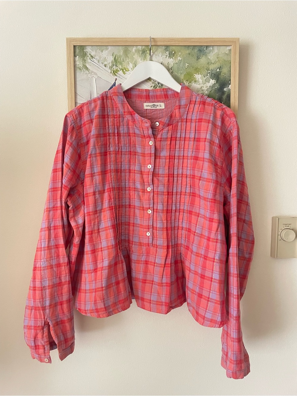 Natural Life Plaid Pintuck Metallic Lurex Blouse Top Pink Purple Gold Large
